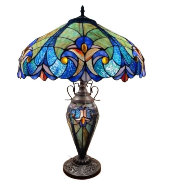 Victorian Inspired Tiffany Style Table Lamp Royal Blue Stained Glass 3 Way Light