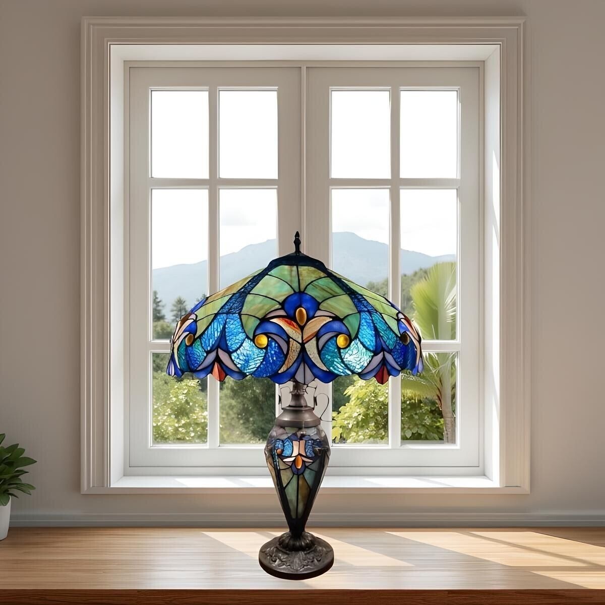 Victorian Inspired Tiffany Style Table Lamp Royal Blue Stained Glass 3 Way Light