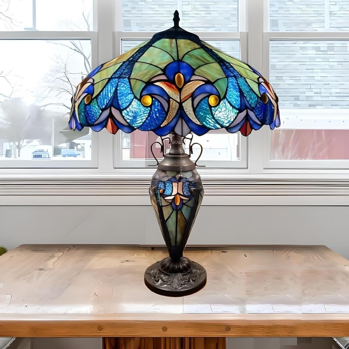 Victorian Inspired Tiffany Style Table Lamp Royal Blue Stained Glass 3 Way Light