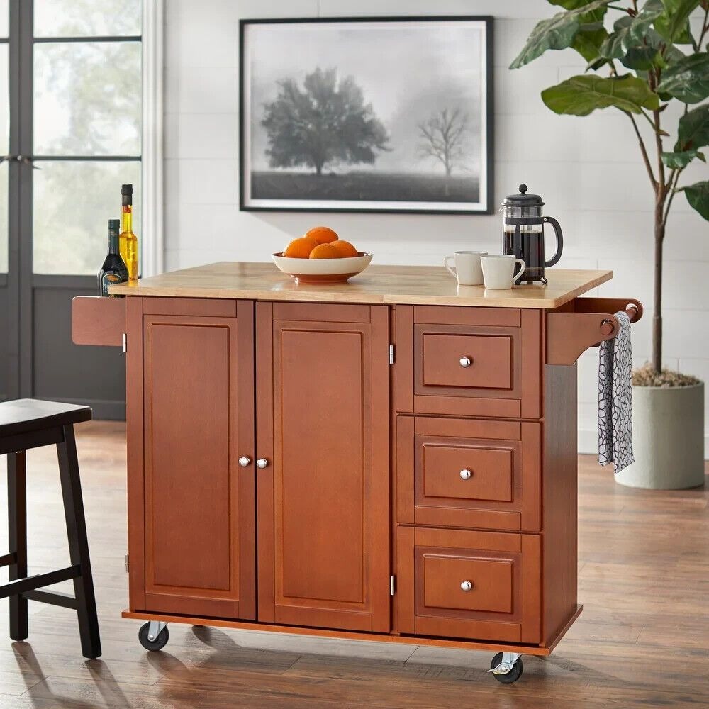 Cherry Finish Kitchen Cart Rolling Island Cabinet - Nat Finsh Wood Top Drop Leaf