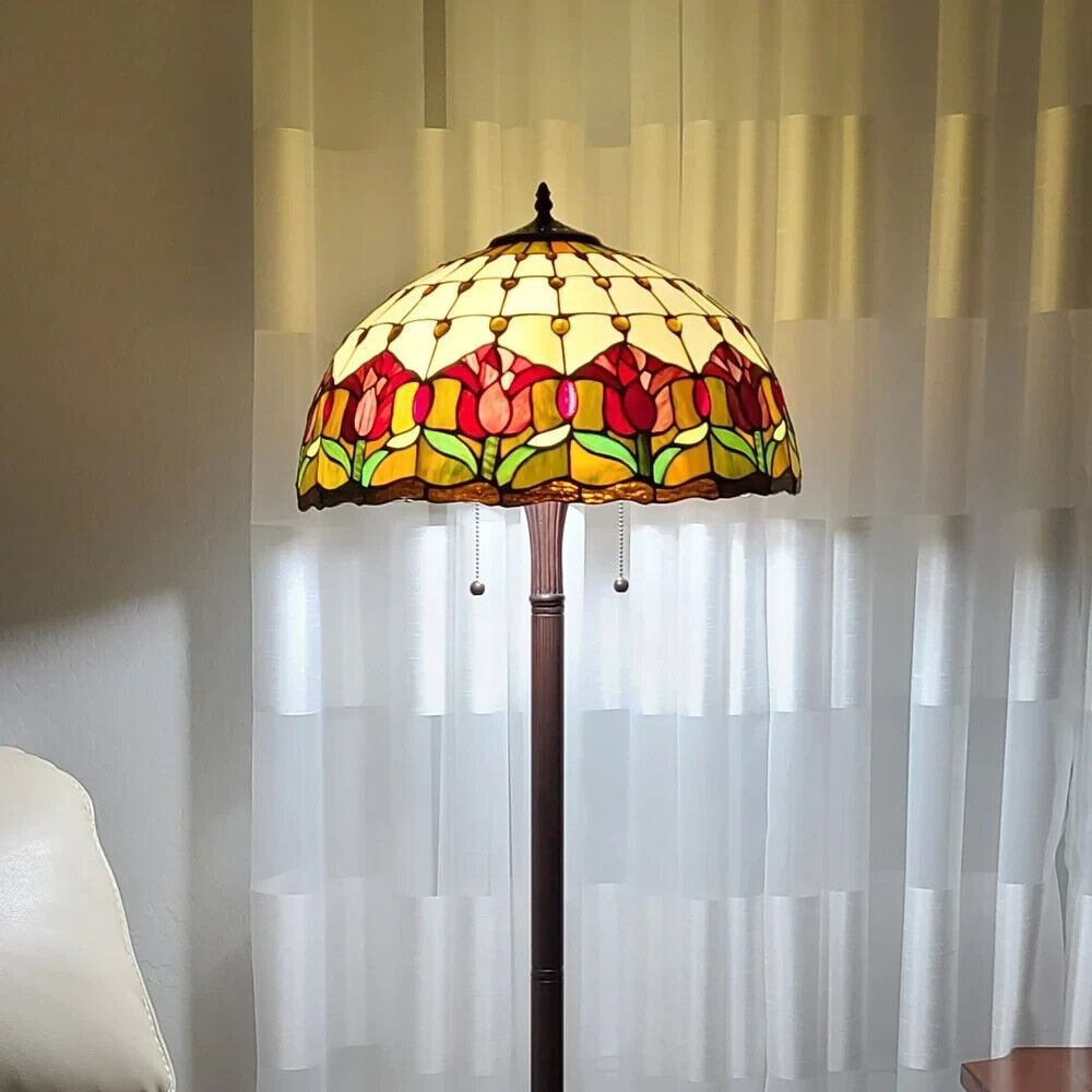 Floral Theme Stained Glass Tiffany Style Floor Lamp 2-Light Pull Chain 62in