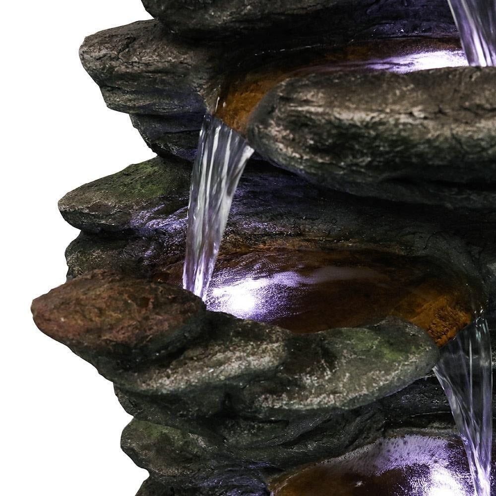 Serene 6-Tier Rock Cascading Water Fountain For Backyard Decor: LED Lit, 40inT