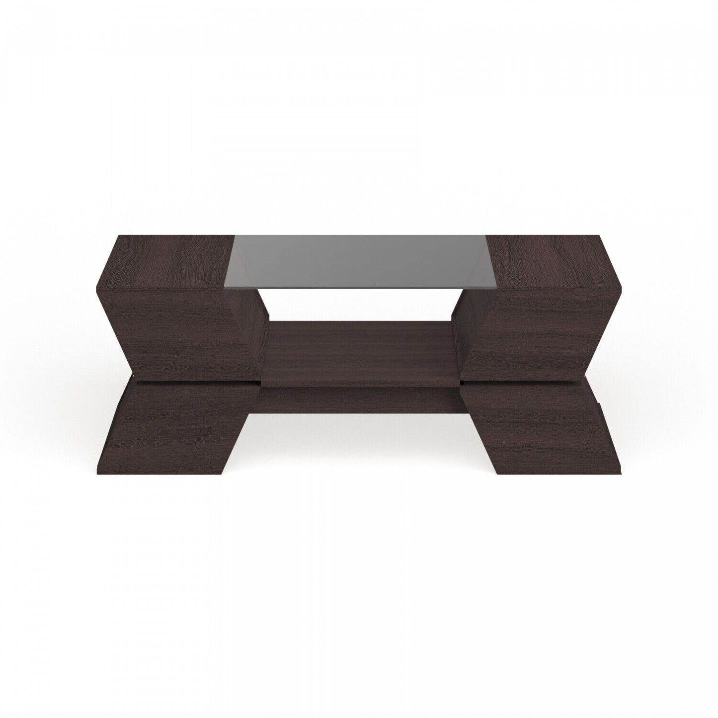 Modern Multi-Storage Coffee Table w/ Tempered Glass Top Open Center - Espresso