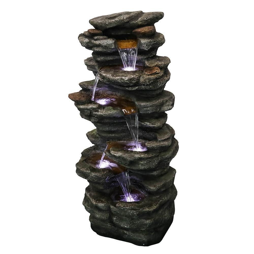 Serene 6-Tier Rock Cascading Water Fountain For Backyard Decor: LED Lit, 40inT