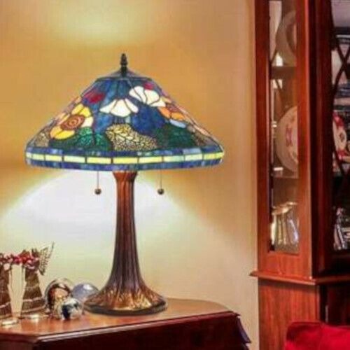 Set of 2 - Tiffany Style Golden Poppy Stained Glass Table Reading Accent Lamp