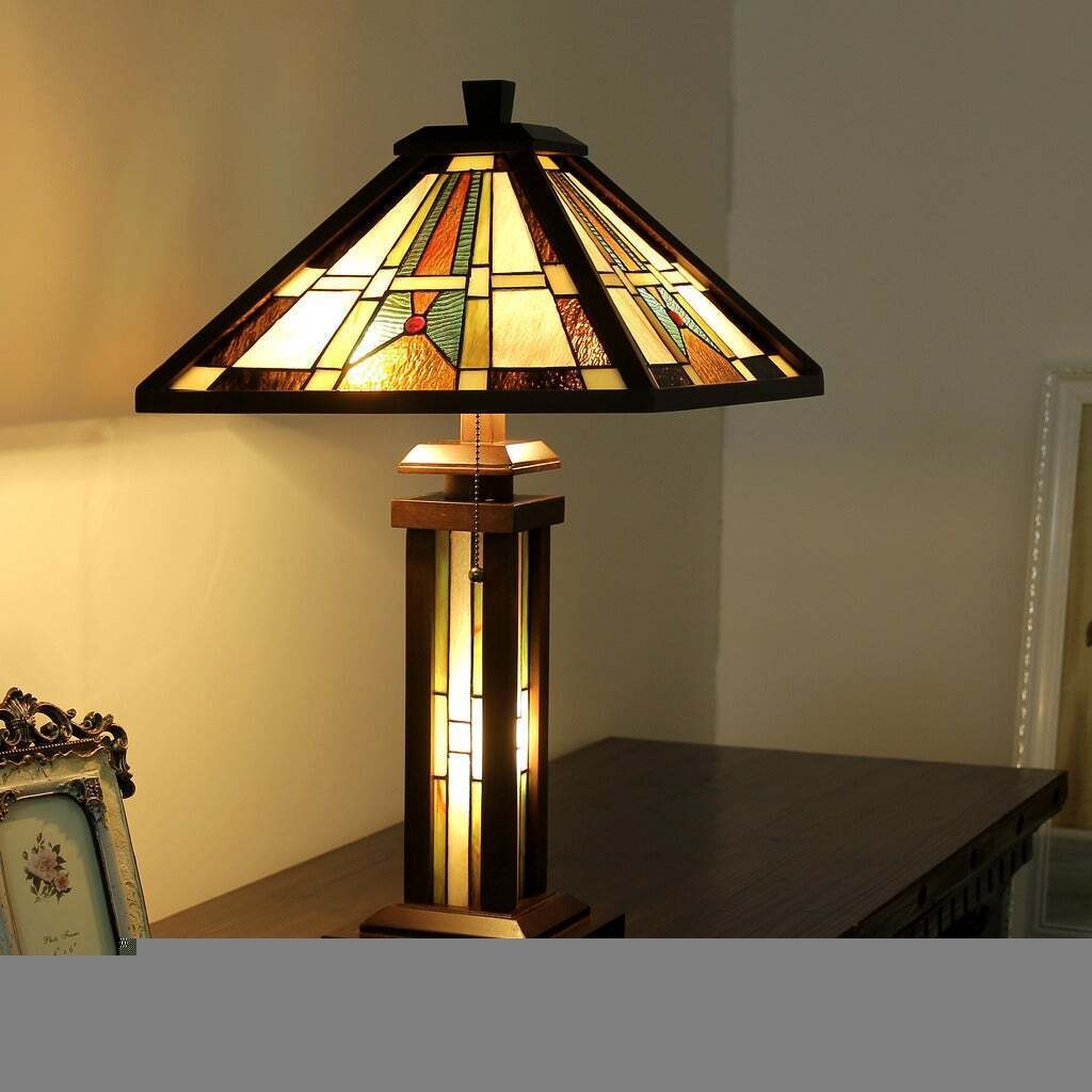 Tiffany Style Mission Design Double Lit Multicolor Stained Glass Table Lamp