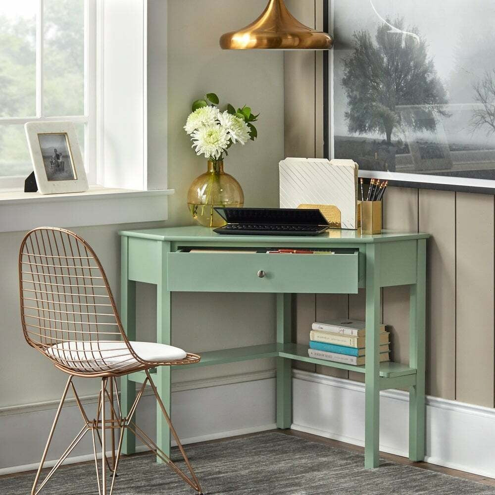 Corner Desk for Home Office Computer Study With Lower Shelf Mint Green Finish