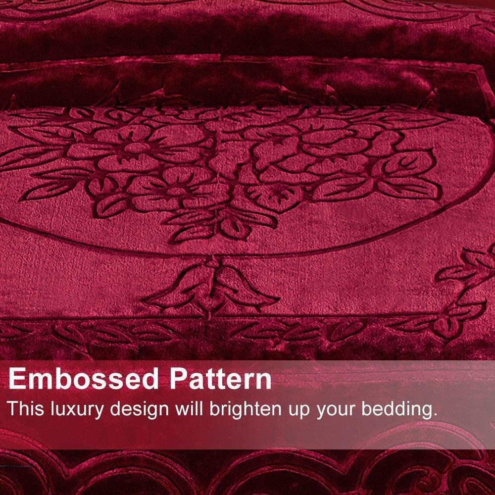 Luxurious Oversized Floral Embossed Bed Blanket/Cover in Burgundy