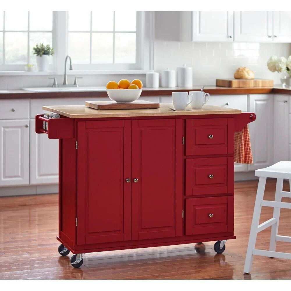 Red Kitchen Cart Rolling Island Cabinet  - Natural Finish Wood Top & Drop Leaf