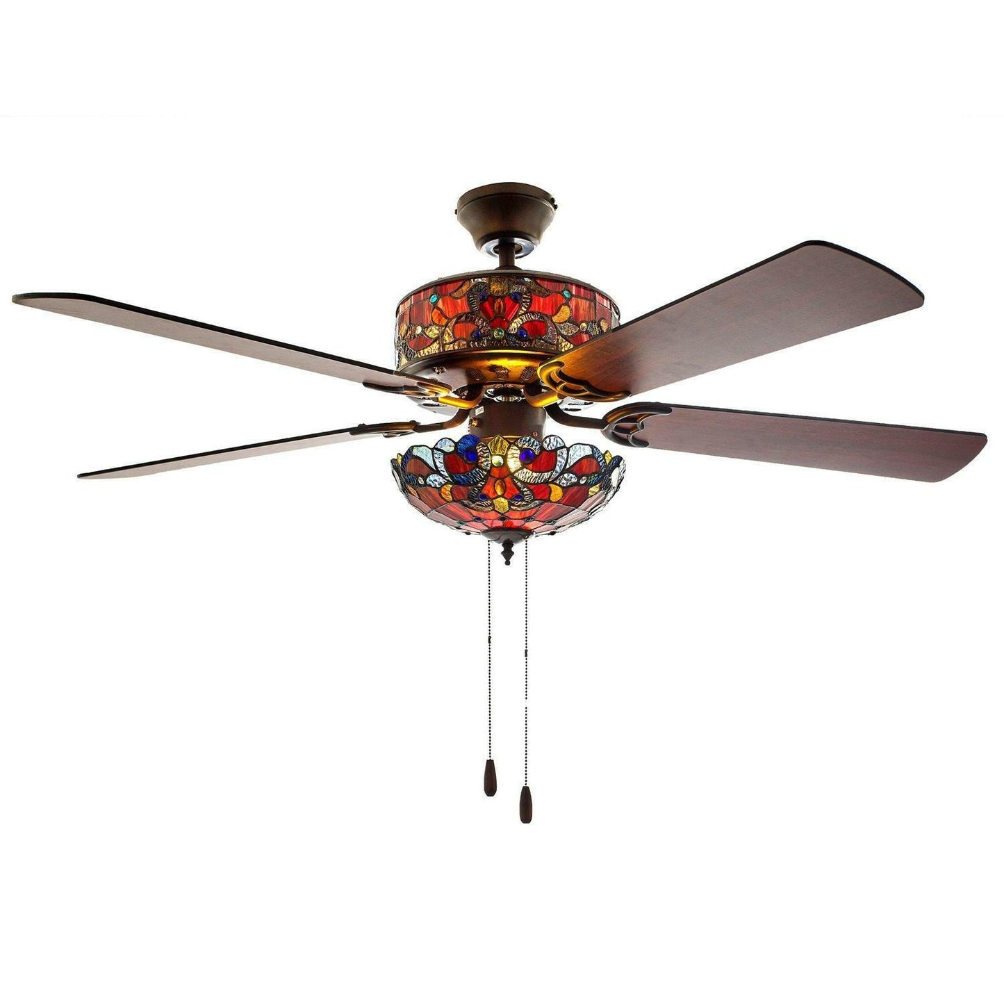 Red Ceiling Fan Tiffany Style Stained Glass 52in Wide - Pull Chain
