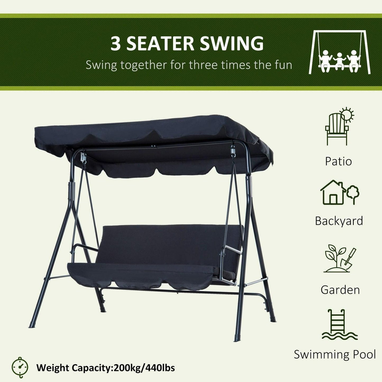 Patio Porch Swing with Adjustable Canopy Cover 3-Person in Black