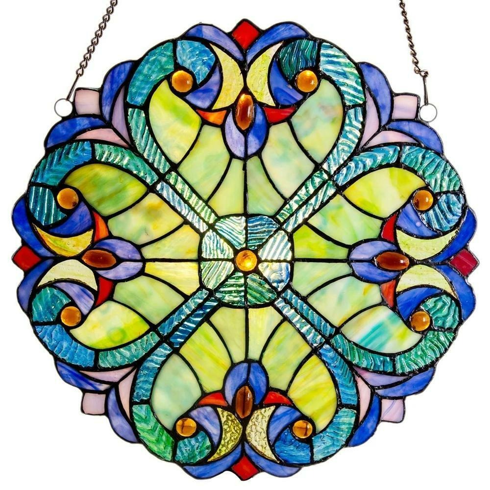 12-In Blue and Green Floral Tiffany Style Stained Glass Window Panel Suncatcher