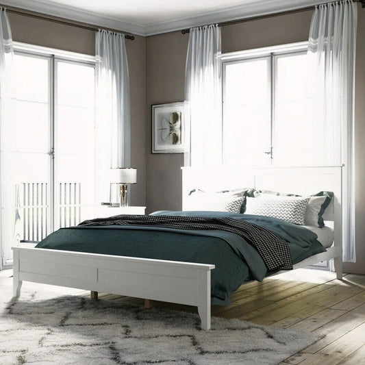 Queen Size Platform Bed Pind Wood and Slatted Headboard in White Finish