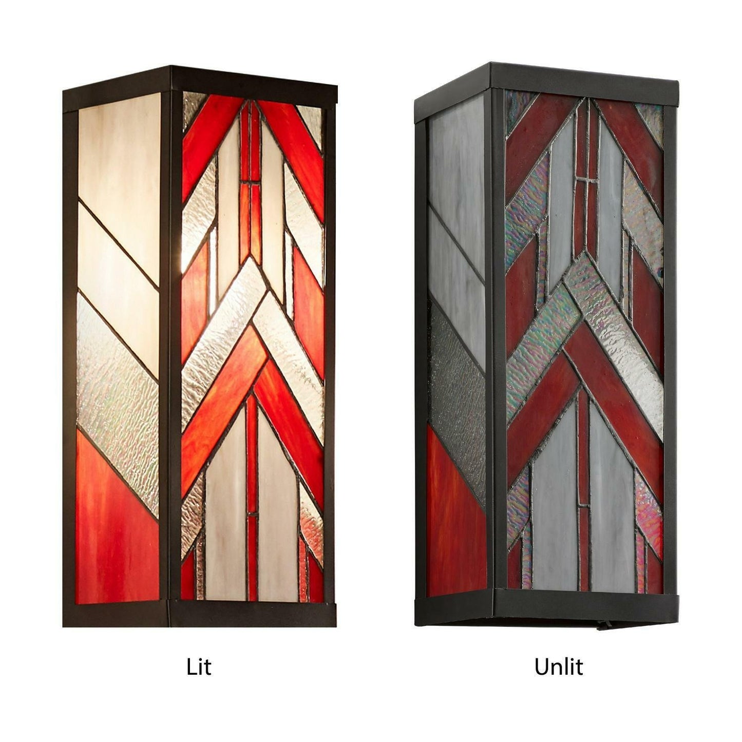 Outdoor Wall Sconce Red Stained Glass and Black Satin Rectangular 16in