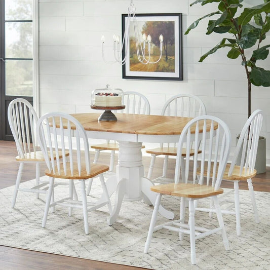 7-Pc Country Style Dining Set: Solid Wood w/ 22in Leaf - White Finish, Nat Top