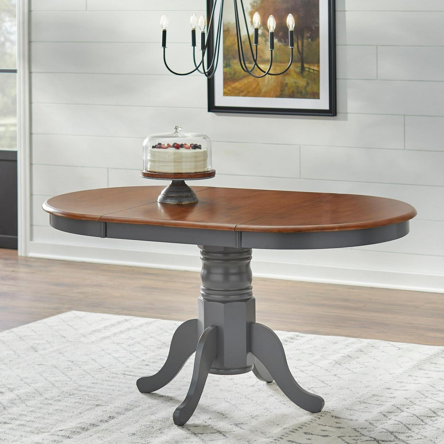Country Style Pedestal Table: Solid Wood w/ 22in Leaf - Grey Finish, Dark Top