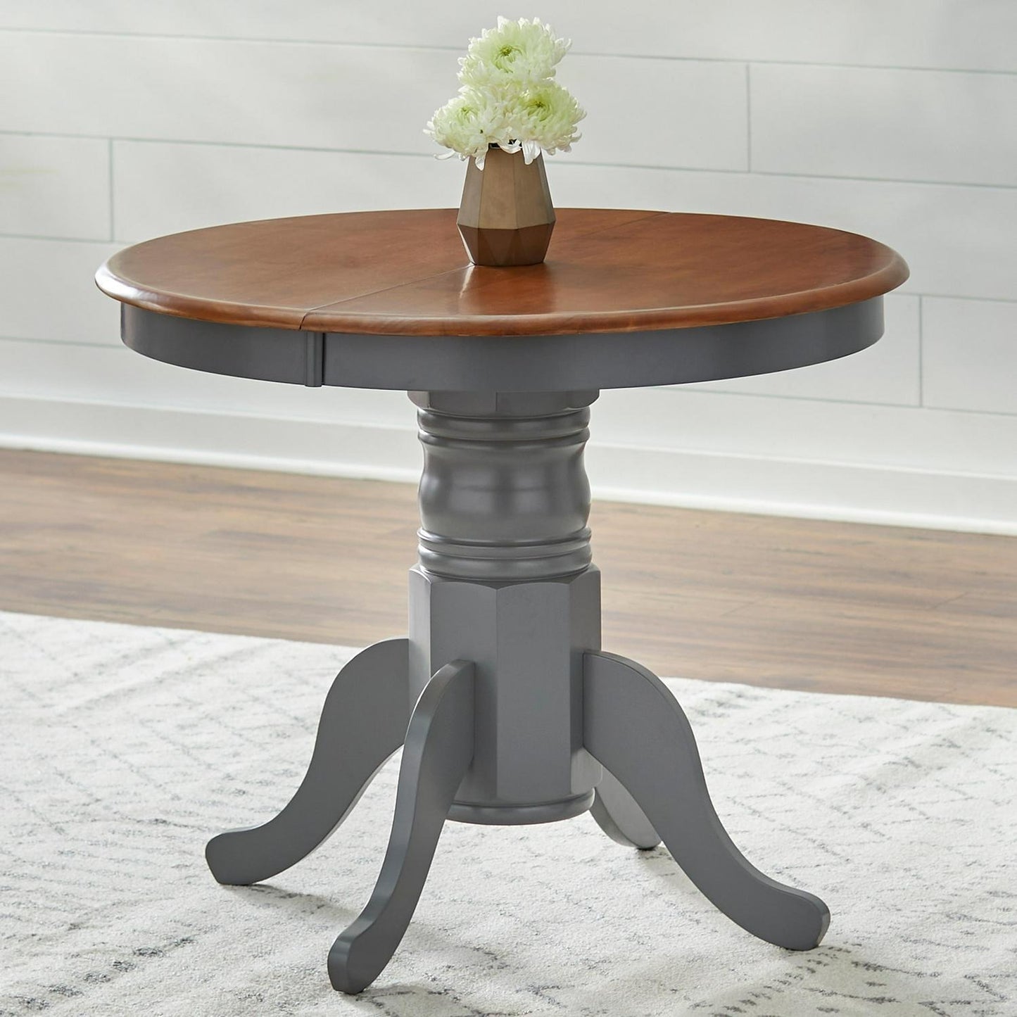 Country Style Pedestal Table: Solid Wood w/ 22in Leaf - Grey Finish, Dark Top