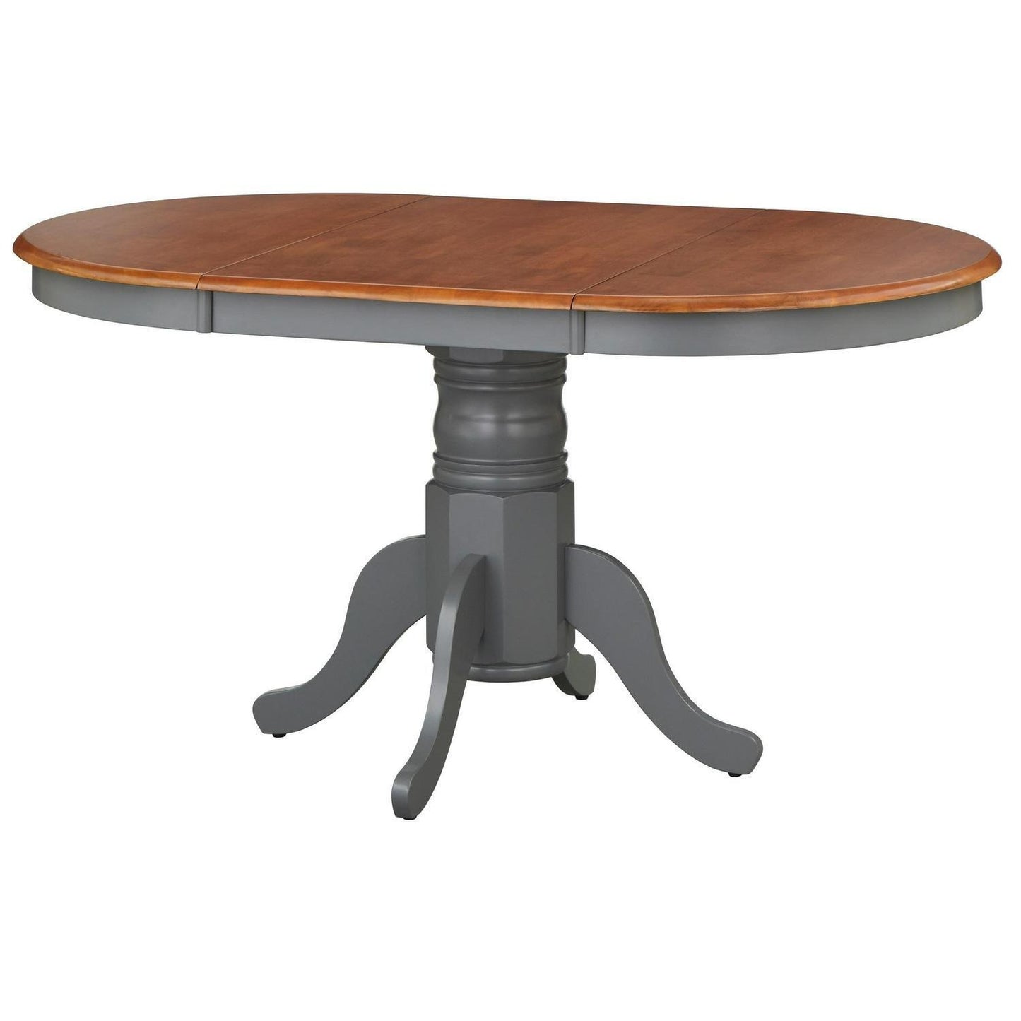 Country Style Pedestal Table: Solid Wood w/ 22in Leaf - Grey Finish, Dark Top