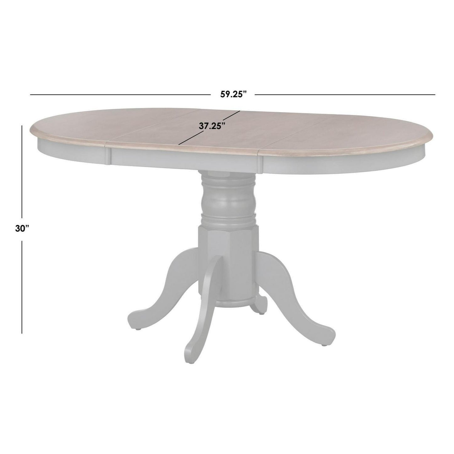 Country Style Pedestal Table: Solid Wood w/ 22in Leaf - Grey Finish, Dark Top