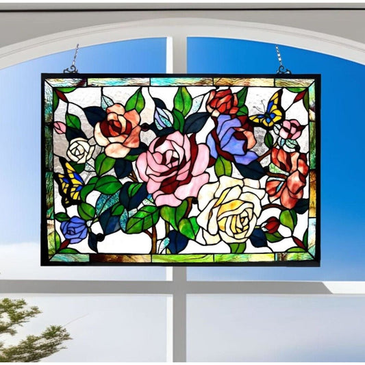 Tiffany Style Stained Glass Rose Floral Theme Suncatcher Window Panel 27x19in