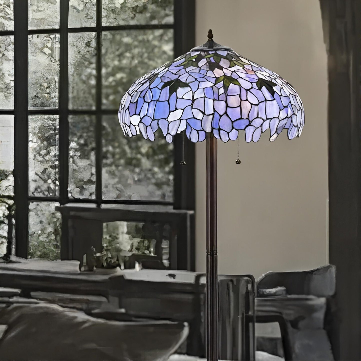 Indigo Stained Glass Tiffany Style 2-Light Floor Lamp - Pull Chain Switched