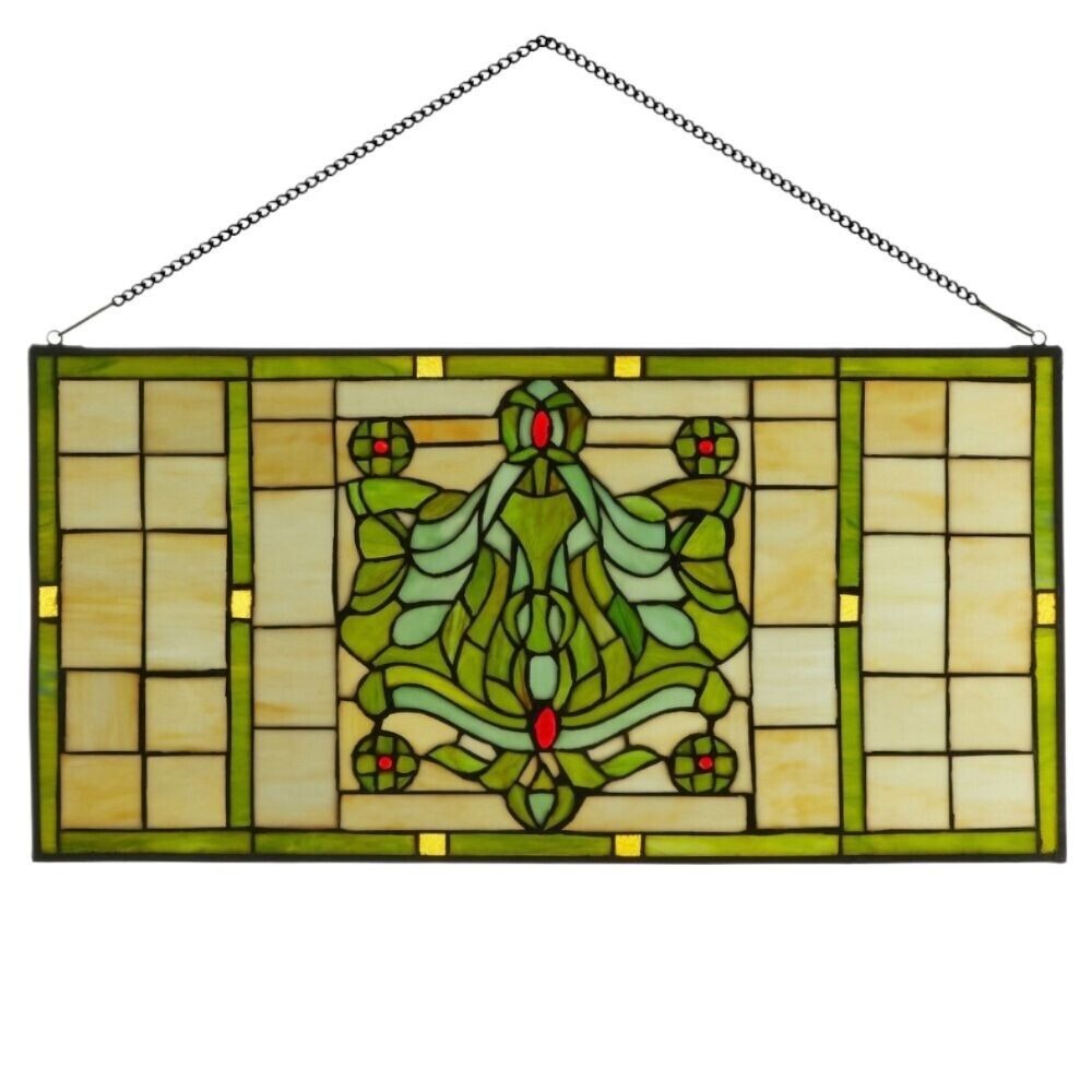 Vintage Fleur de Lis Stained Glass Victorian Window Panel in Rich Green 26x14in