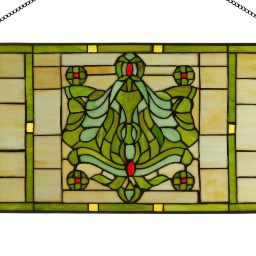 Vintage Fleur de Lis Stained Glass Victorian Window Panel in Rich Green 26x14in