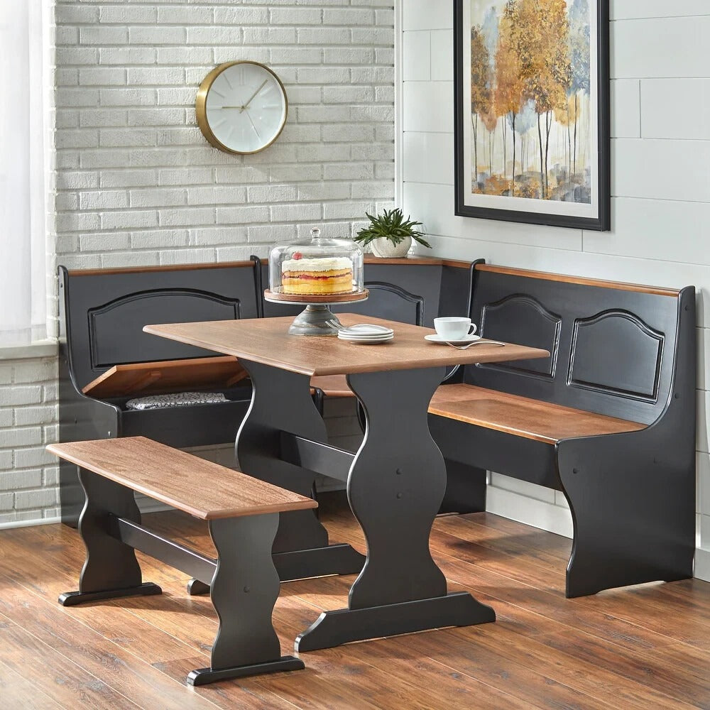 Country Style Black and Walnut Finish Wood Corner Nook Dining Table Bench Set