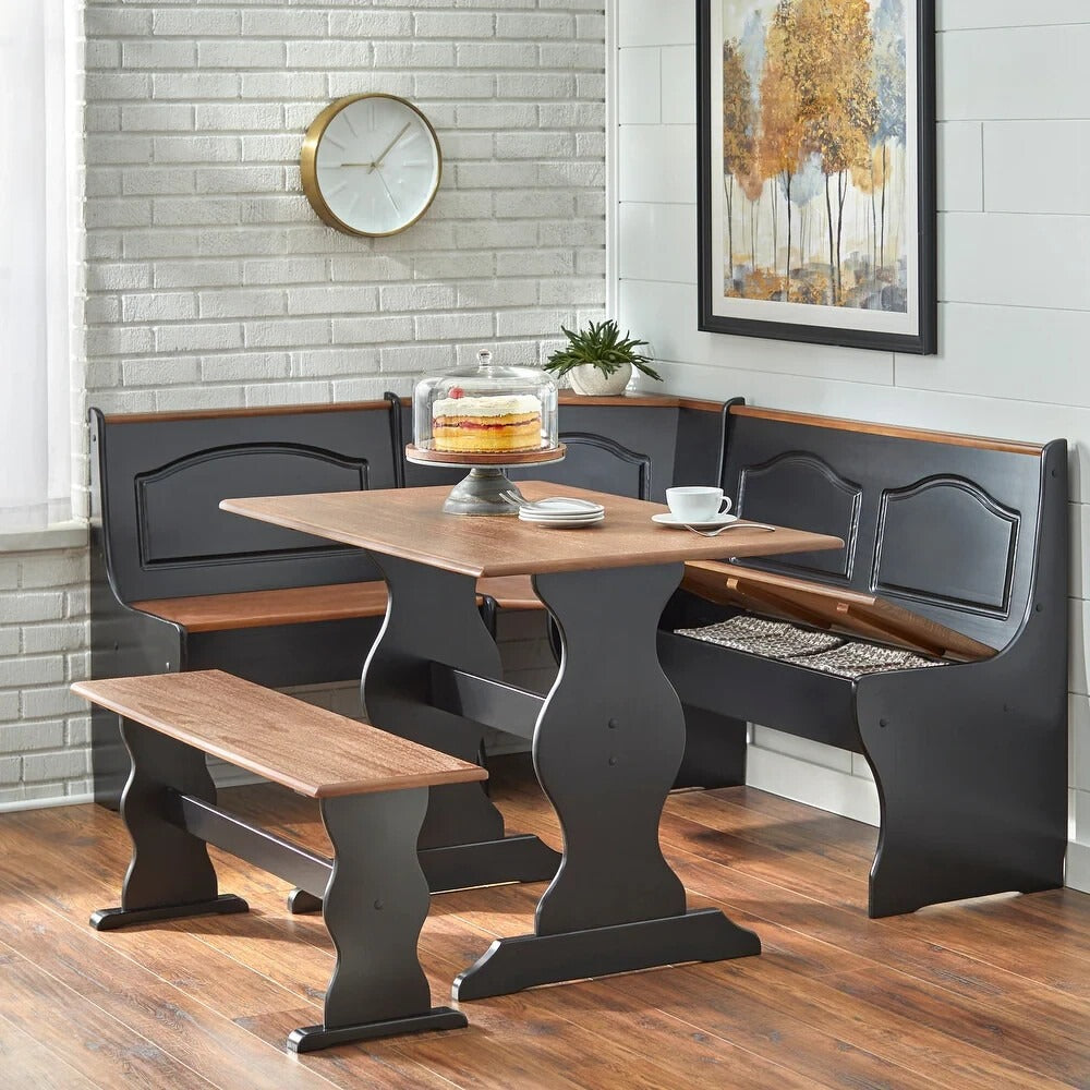 Country Style Black and Walnut Finish Wood Corner Nook Dining Table Bench Set
