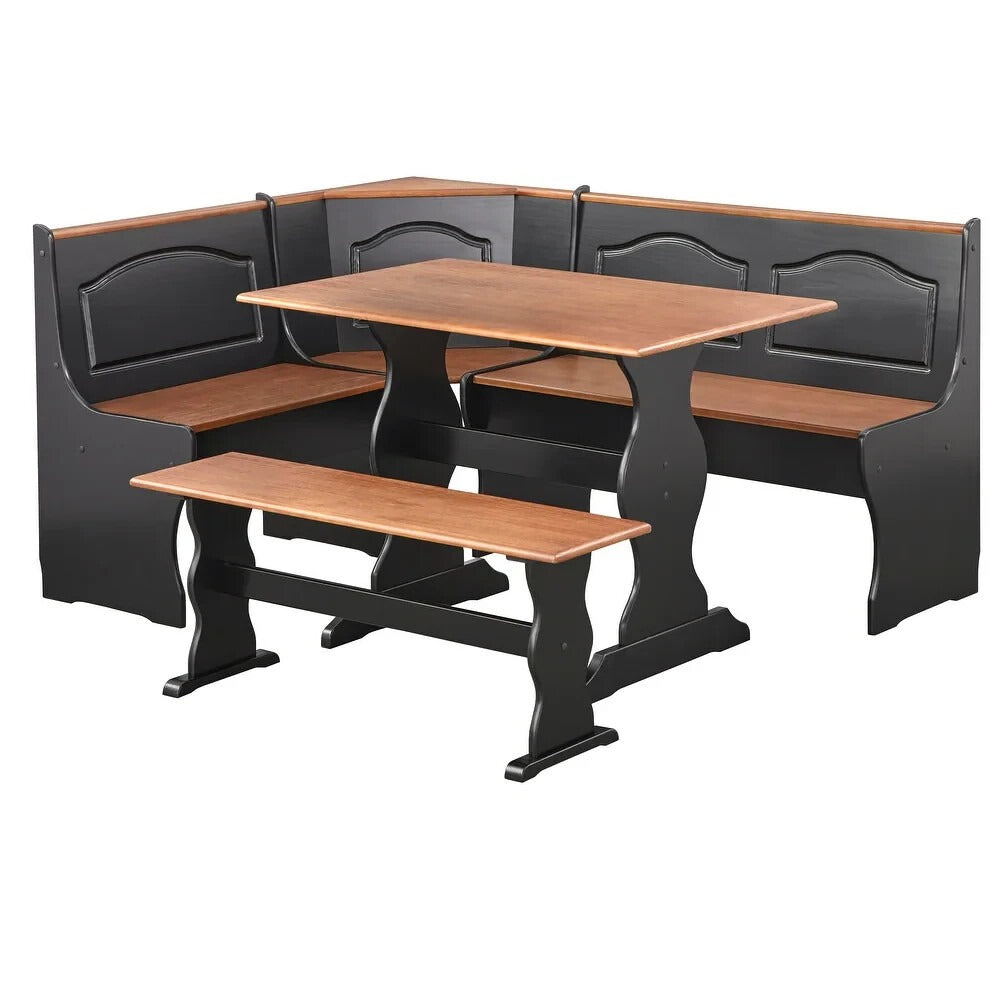 Country Style Black and Walnut Finish Wood Corner Nook Dining Table Bench Set