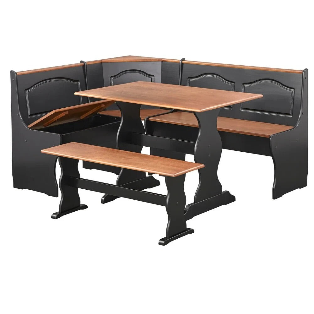 Country Style Black and Walnut Finish Wood Corner Nook Dining Table Bench Set