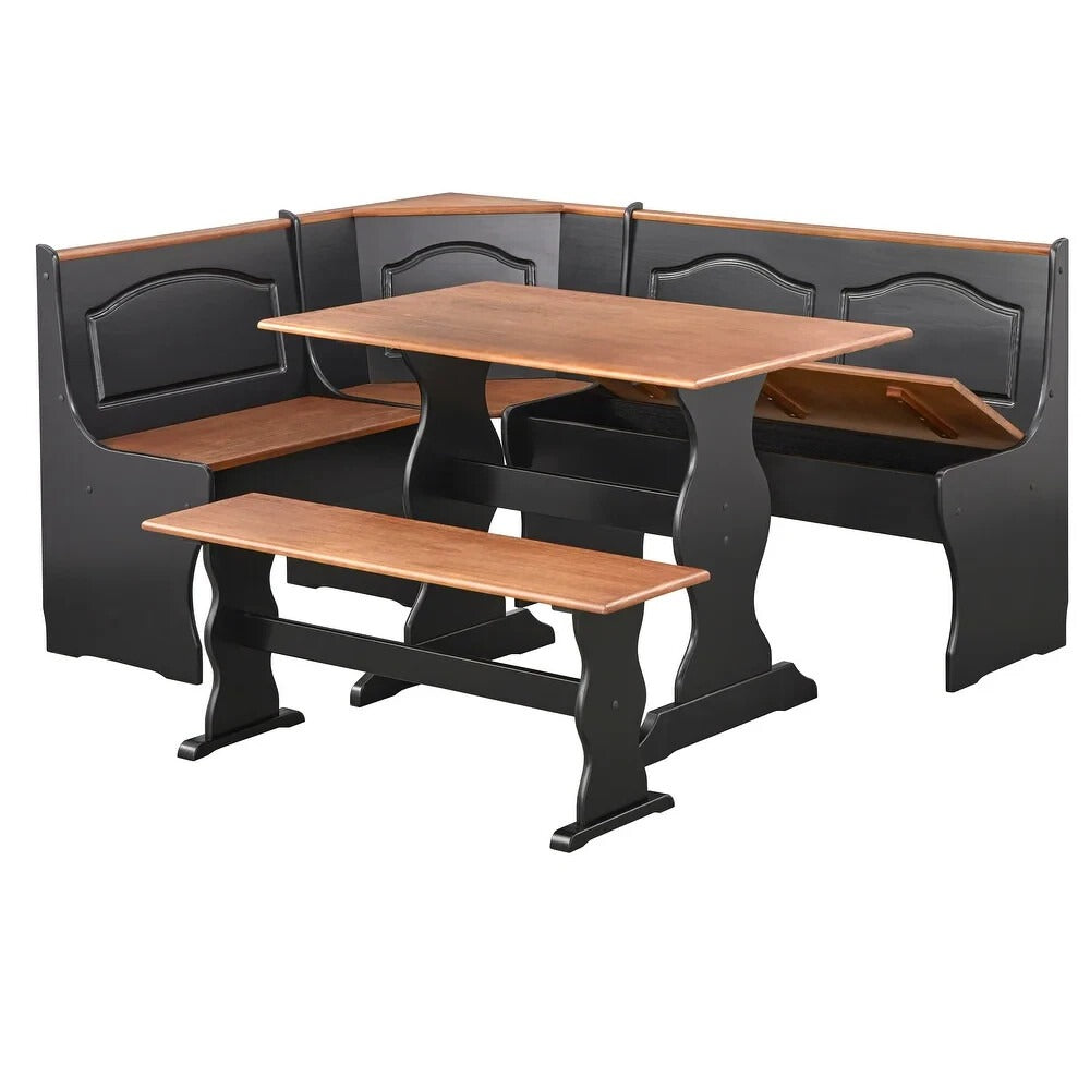 Country Style Black and Walnut Finish Wood Corner Nook Dining Table Bench Set