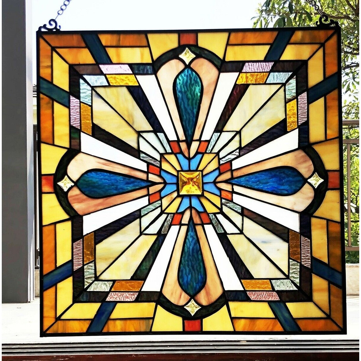 Mission Style Stained Glass Window Panel Suncatcher 20in x 20in