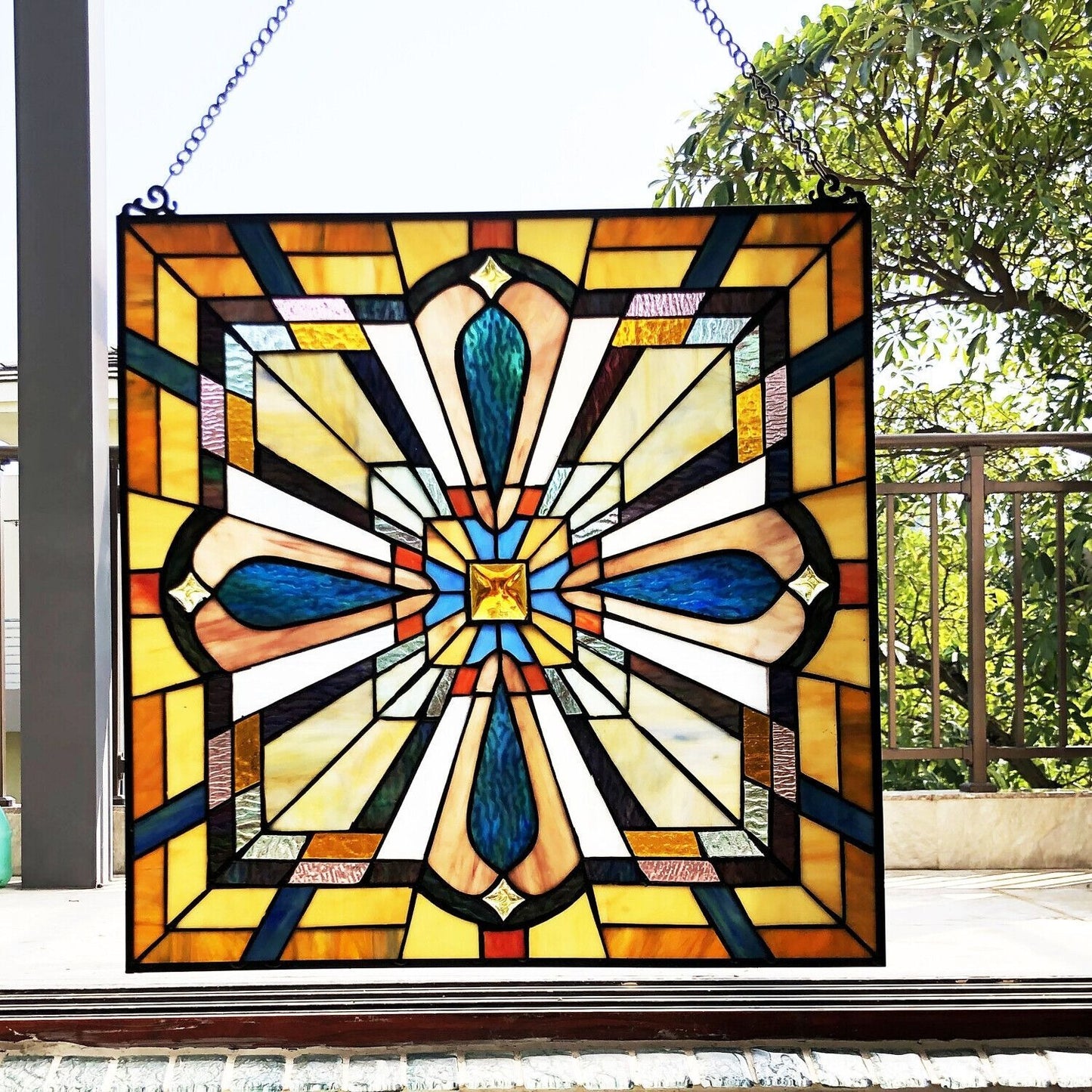 Mission Style Stained Glass Window Panel Suncatcher 20in x 20in