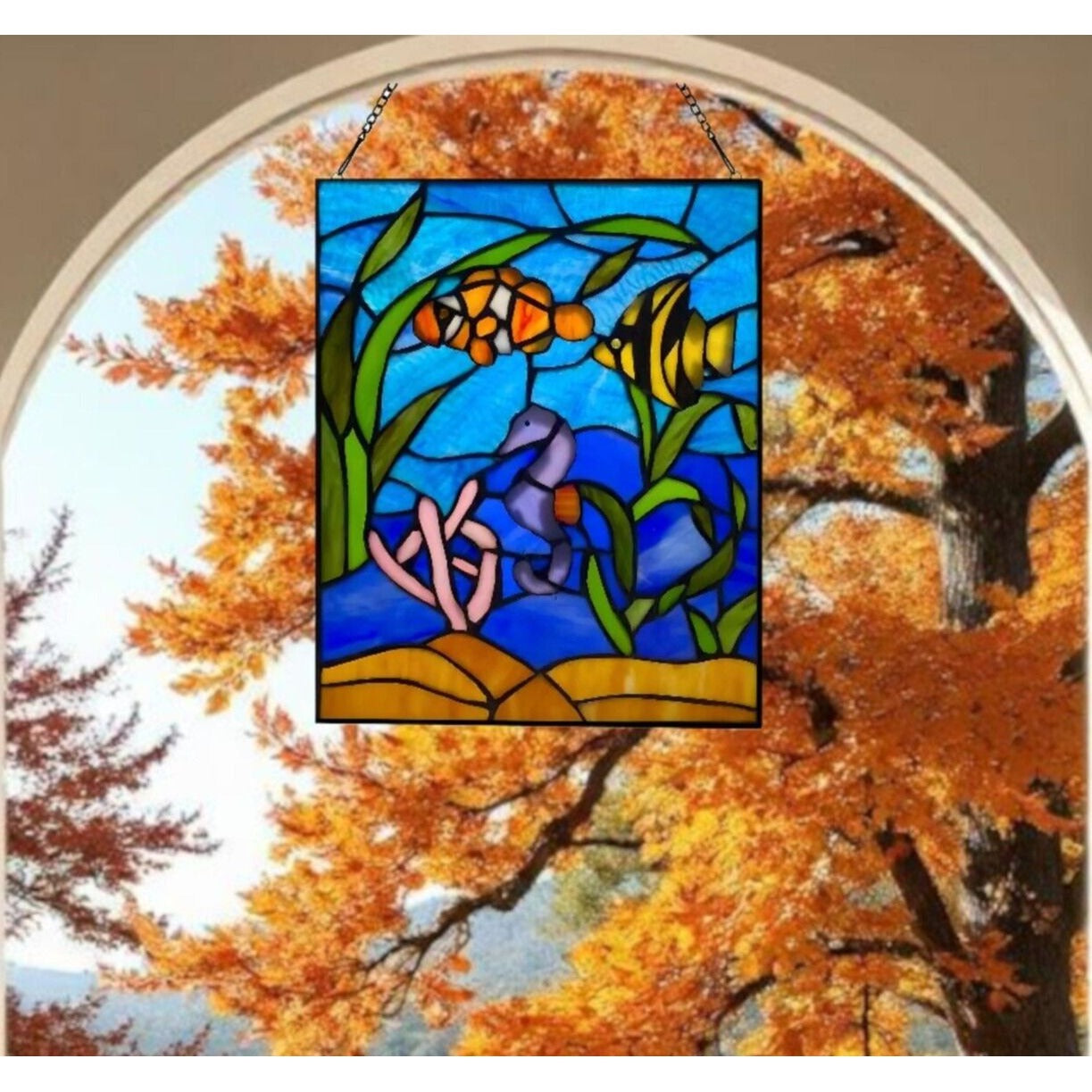 Under the Sea Blue Stained Glass Hanging Window Panel Suncatcher 11x14in