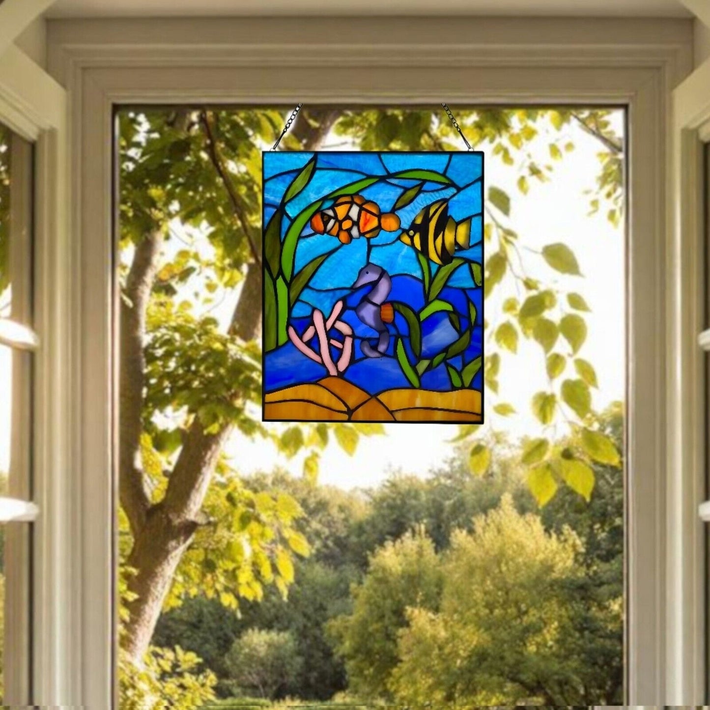 Under the Sea Blue Stained Glass Hanging Window Panel Suncatcher 11x14in