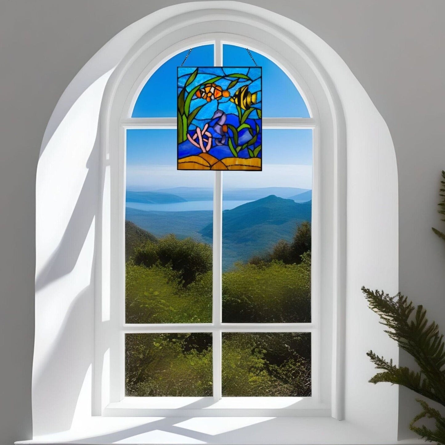 Under the Sea Blue Stained Glass Hanging Window Panel Suncatcher 11x14in