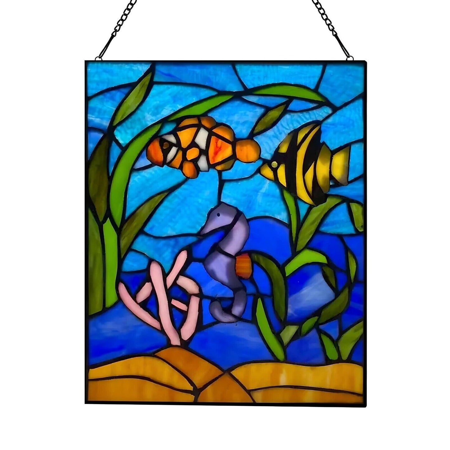 Under the Sea Blue Stained Glass Hanging Window Panel Suncatcher 11x14in