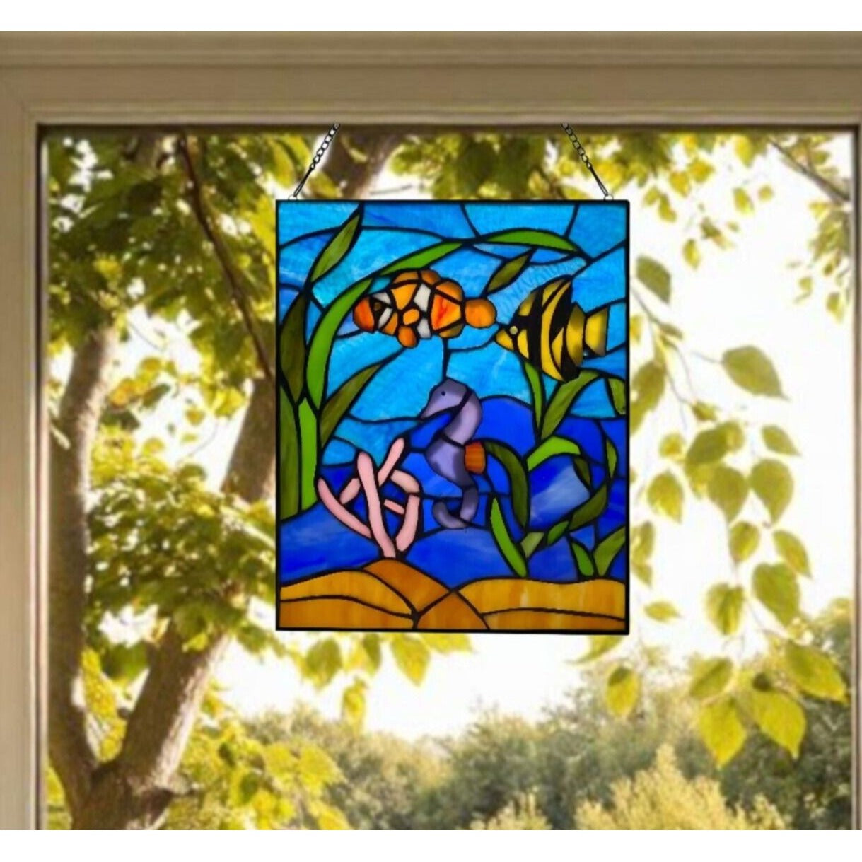 Under the Sea Blue Stained Glass Hanging Window Panel Suncatcher 11x14in