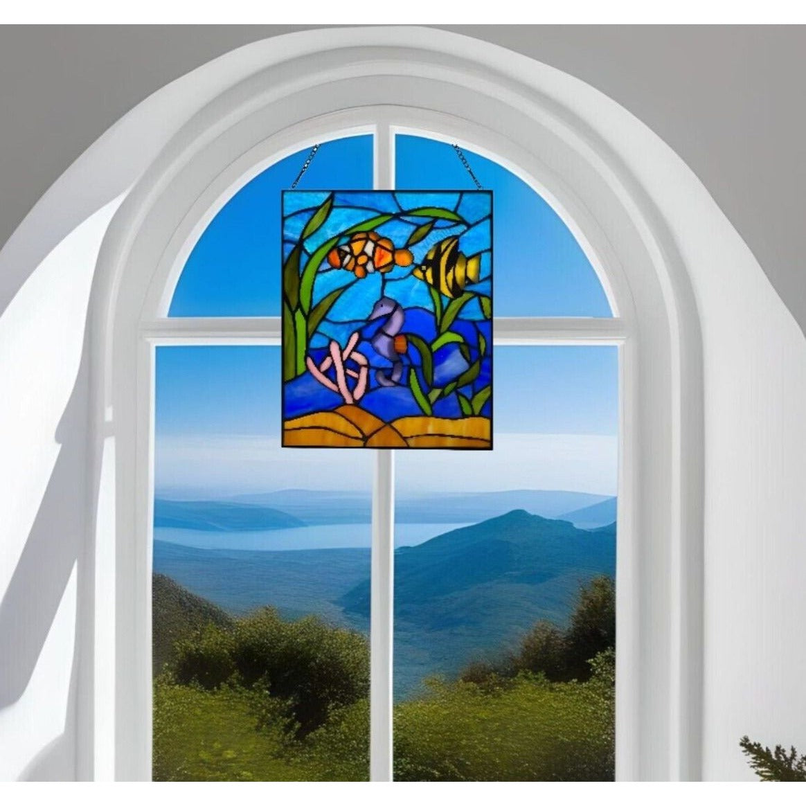 Under the Sea Blue Stained Glass Hanging Window Panel Suncatcher 11x14in