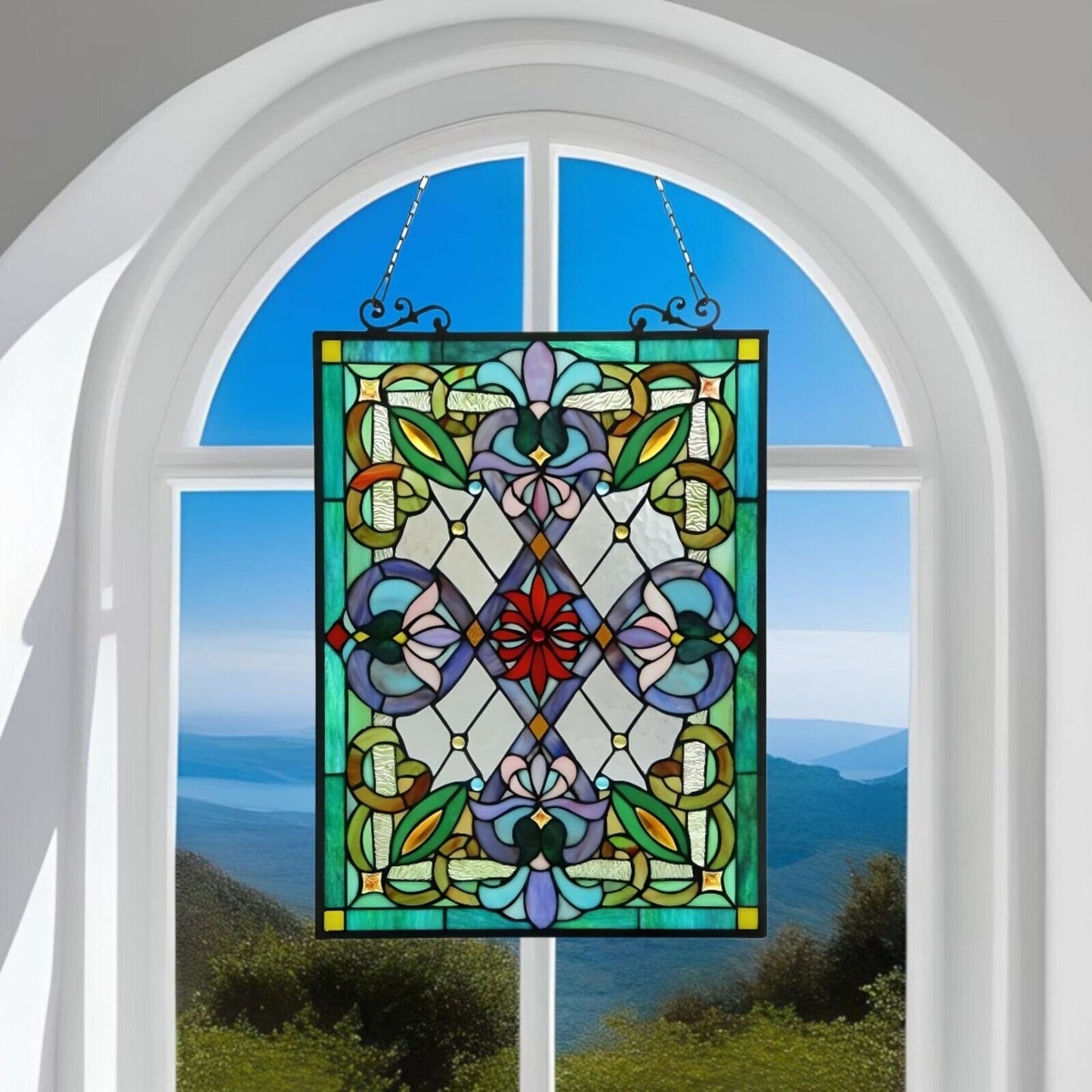 Tiffany Style Stained Glass Window Panel Suncatcher - Victorian Theme 18x26in