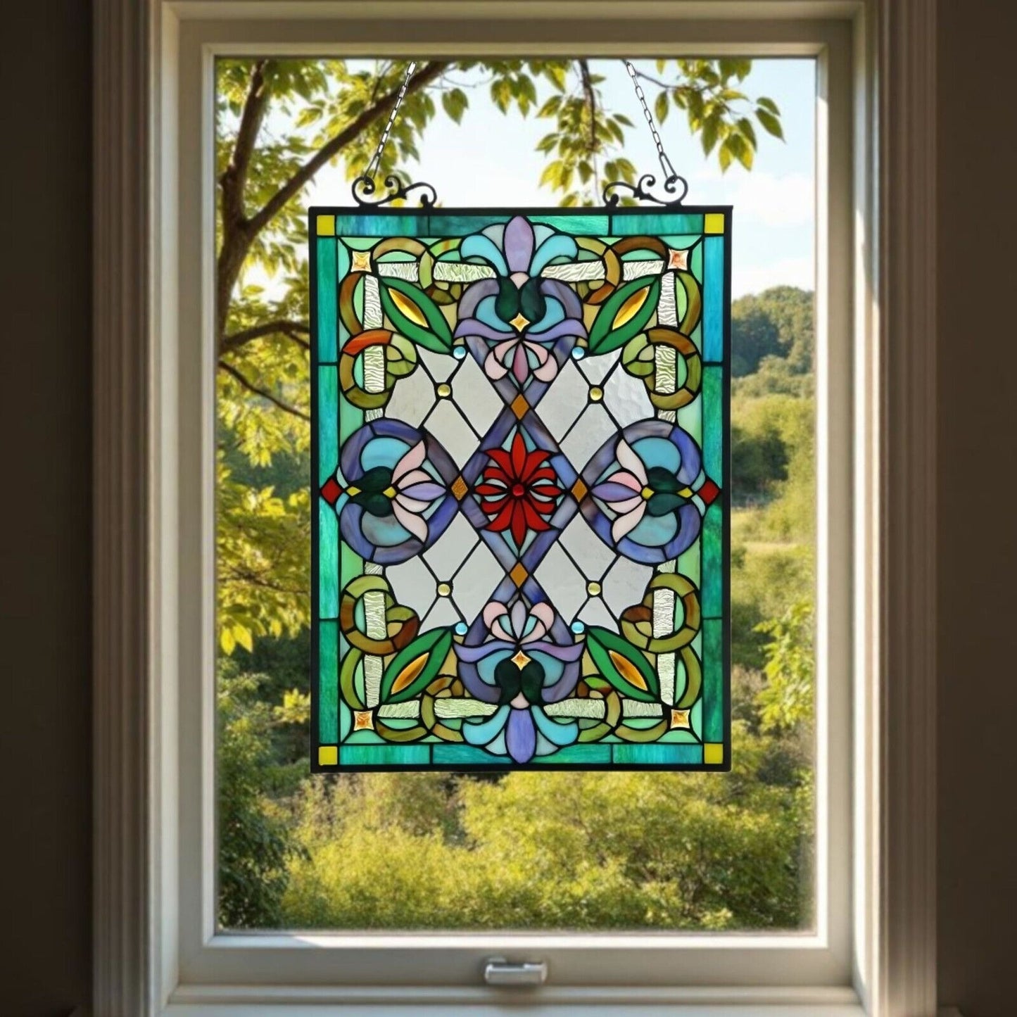 Tiffany Style Stained Glass Window Panel Suncatcher - Victorian Theme 18x26in