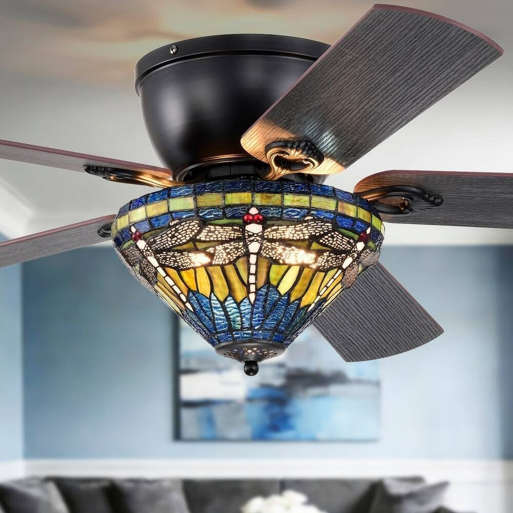 Tiffany Style Green Blue Stained Glass Dragonfly Lighted Ceiling Fan with Remote
