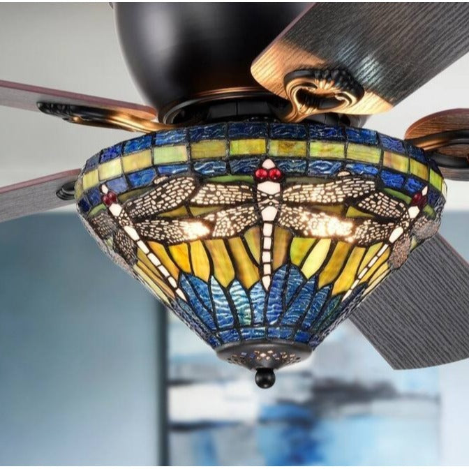 Tiffany Style Green Blue Stained Glass Dragonfly Lighted Ceiling Fan with Remote