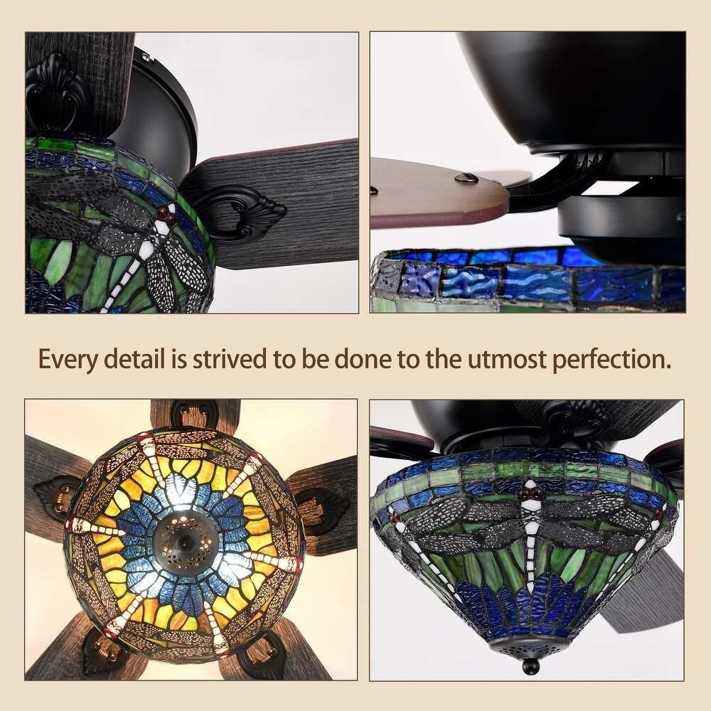 Tiffany Style Green Blue Stained Glass Dragonfly Lighted Ceiling Fan with Remote