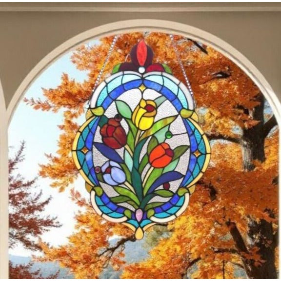 Stained Glass Oval Tulip Theme Suncatcher Hanging Window Panel 15x22in