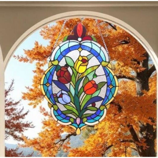 Stained Glass Oval Tulip Theme Suncatcher Hanging Window Panel 15x22in