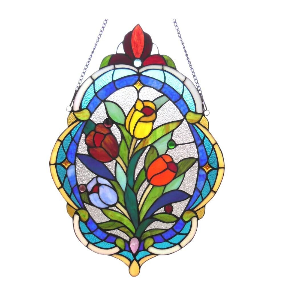 Stained Glass Oval Tulip Theme Suncatcher Hanging Window Panel 15x22in