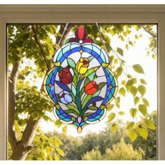 Stained Glass Oval Tulip Theme Suncatcher Hanging Window Panel 15x22in