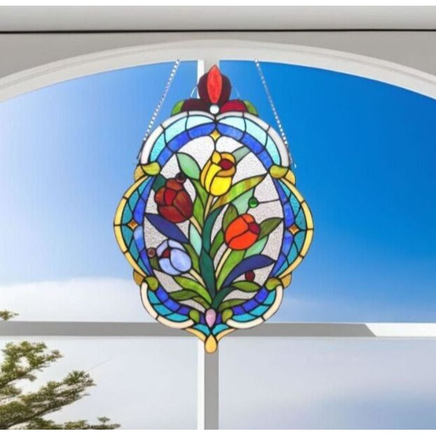 Stained Glass Oval Tulip Theme Suncatcher Hanging Window Panel 15x22in